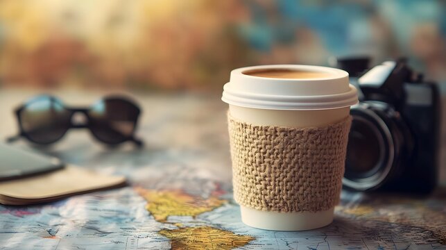 Coffee cup with travel-themed background and adventure branding
