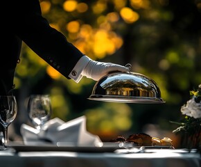 waiter in a black suit is opening very big high metal dish cloche on a table with hand in white glove