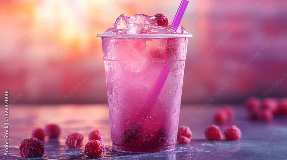 Poster a clear cup filled with a vibrant raspberry drink rests on a reflective surface, surrounded by fresh