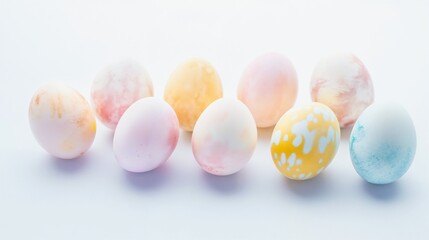 Obraz premium Colorful easter eggs arranged in a row on a white background with copy space