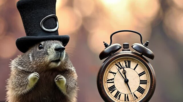 Groundhog with a top hat beside an antique clock in a park setting