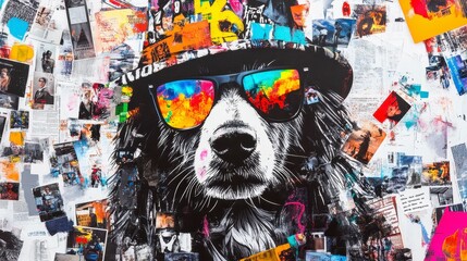 Colorful street art featuring a stylish dog with sunglasses and a hat amidst a collage of vibrant urban imagery