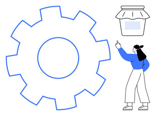 Woman interacts with large gear and storefront, highlighting connection between operations and commerce. Ideal for teamwork, process, retail, marketing, optimization, strategy small business. Flat