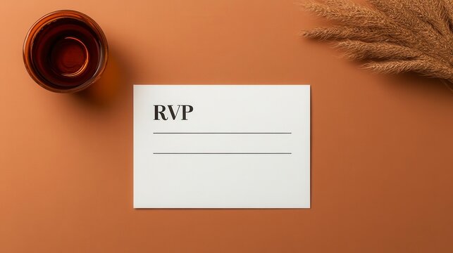 Elegant RVP invitation card resting on a warm-toned surface alongside a glass of drink and decorative foliage
