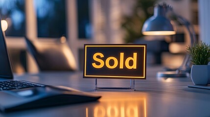 A glowing real estate "Sold" sign styled on a clean desktop with subtle accents. background