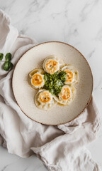 Traditional dumplings, fried with pesto. Asian cuisine.