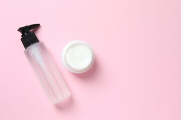 Natural cosmetic products a pink background, top view