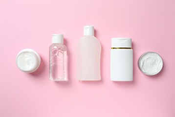 Natural cosmetic products a pink background, top view