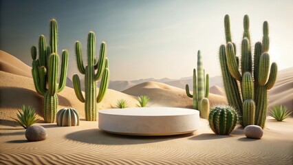 Desert oasis stone product display podium with cactus rendering,, decorative element, landscape