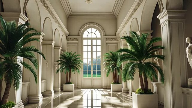 Elegant hallway with classical architecture, palm trees in large pots, and sculptures under natural light.

