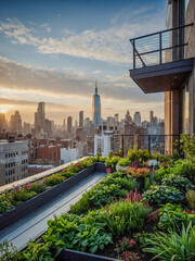 Fototapeta premium Lush rooftop garden with a city view.