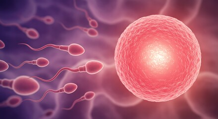 Human sperm cells swimming towards an egg cell, symbolizing fertility, conception, and the beginning of life.