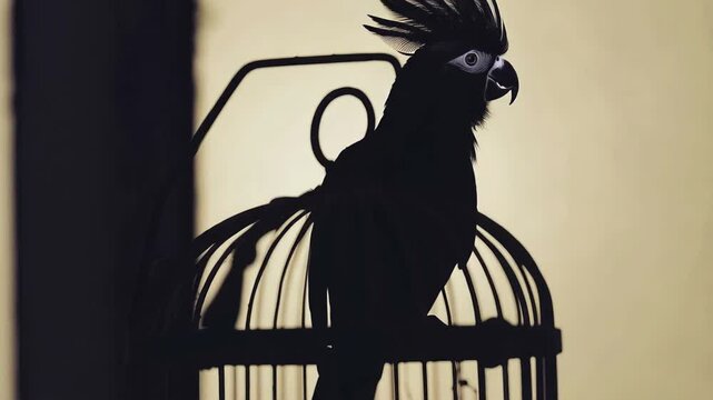 Silhouette of a parrot perched on a birdcage during sunset in a tranquil room