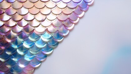 Elegant mermaid scales shimmering in the corners, with pearlescent tones, creating a mystical and magical touch on a white background.
