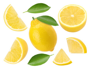 lemon fruit with leaves, slice and half isolated, Fresh and Juicy Lemon, transparent png, PNG...
