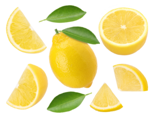 lemon fruit with leaves, slice and half isolated, Fresh and Juicy Lemon, transparent png, PNG format, cut out , collection
