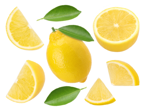 lemon fruit with leaves, slice and half isolated, Fresh and Juicy Lemon, transparent png, PNG format, cut out , collection
