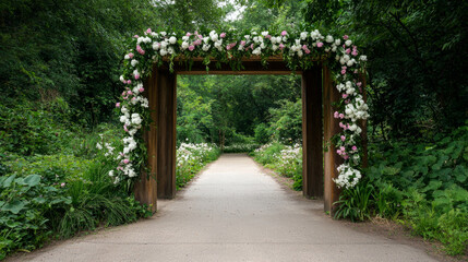 Naklejka premium Flower-adorned archway marking a serene path through a green garden
