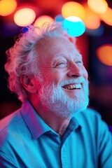 A senior man is laughing heartily while dancing on a lively dance floor. Club lights create a colorful, dreamy atmosphere, enhancing the joyful moment of celebration