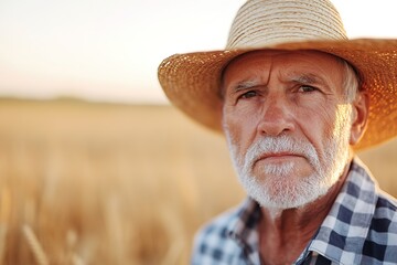 Fototapeta premium Portrait captures an elderly farmer wearing a straw hat and plaid shirt, standing amidst golden wheat during sunset. His deep wrinkles reflect a life of hard work and connection to the land