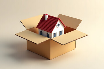 Obraz premium Moving house miniature home in box creative concept indoor setting modern design