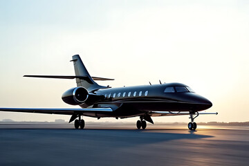 Fototapeta premium Private jet takeoff airport runway aircraft photography sunset ground view luxury travel