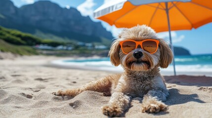 Cute Dog Relaxing Under Umbrella at Beach