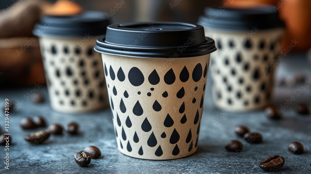 Poster coffee cups featuring distinct rain drop patterns are placed on a table surrounded by scattered coff