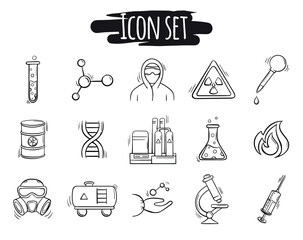 Vector set of hand drawn icons of chemical industry. Black and white doodle signs and symbols related to medicine, environmental protection, laboratory discoveries and science.
