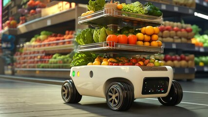 A robot vendor carrying fresh fruits and vegetables, moving along the streets of a modern city. Robot role as a mobile produce vendor in a futuristic cityscape	