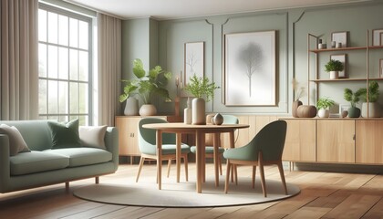 Fototapeta premium Mint color chairs at round wooden dining table in room with sofa and cabinet near green wall. Scandinavian, mid-century home interior design of modern living room. 