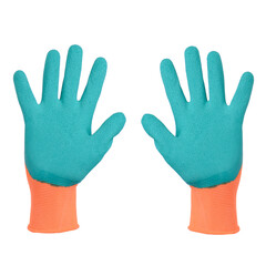 Green and Orange protective gloves on white background