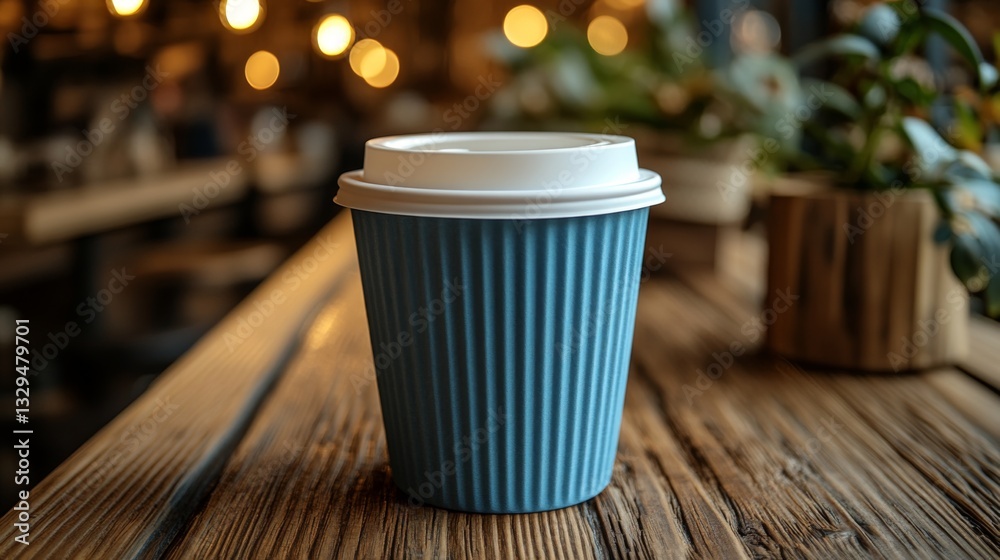 Poster a warm cup of coffee rests on a rustic wooden table in a cozy cafe. soft lighting creates a relaxed 