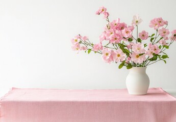 Naklejka premium Delicate Pink Flowers on a Pink Tablecloth, Perfect for Spring