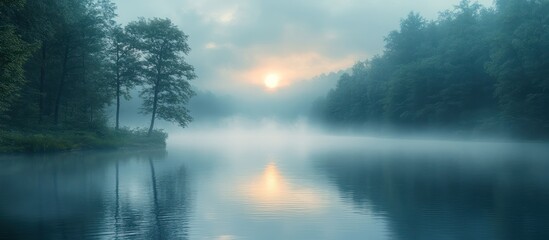 Misty sunrise over serene lake, trees reflected in calm water.