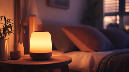 A glowing bedside lamp with a minimalist design placed on a light wooden table. digital