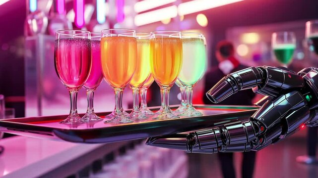 A robot hand holding a serving tray with colorful drinks in elegant glasses at a party	