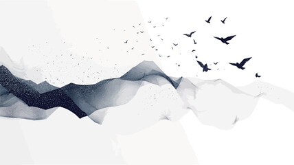 The image depicts a stylized, abstract representation of a mountain range. The mountains are rendered in shades of blue and grey, transitioning to white at the peaks and base.  The style is