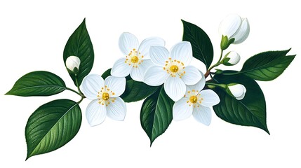 Vibrant Digital Painting of Blossoming White Flowers on Green Branches AI Generated