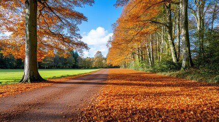 Naklejka premium Picturesque path lined with vibrant trees displaying autumn colors