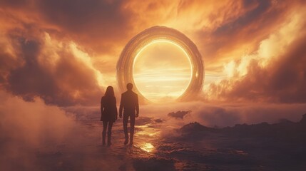 A couple walks toward a glowing portal under a beautiful sunset sky. Adventure awaits at the horizon, surrounded by clouds and ocean waves.