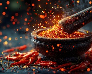 Glowing Mortar and Pestle Grinding Vibrant Red Chilies with Bursts of Light and Energy