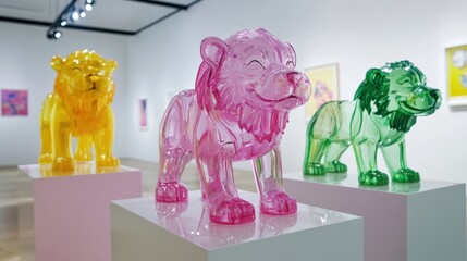 Colorful lion sculptures in an art gallery, showcasing playful and vibrant designs. They capture attention and spark joy.