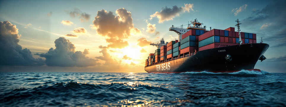 Container ship sailing in the sea. Image for cargo companies and events. Sunset time