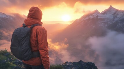A lone hiker watches the sunset over majestic mountains. The sky is filled with warm colors and clouds, creating a peaceful scene.