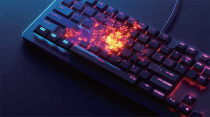 High-angle close-up shot of a mechanical keyboard with RGB backlighting. The keys are illuminated with vibrant purple, blue, and orange hues.  The keyboard is positioned on a dark surface. The