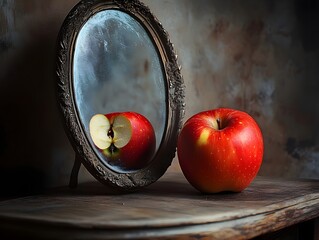 Fresh and rotten apple in the mirror