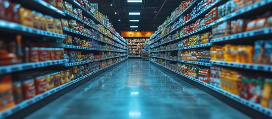 Wide shot of supermarket aisle with various products on shelves.