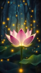 Fototapeta premium Magical Lotus Flower with Fireflies Dancing Around It in a Mystical Forest
