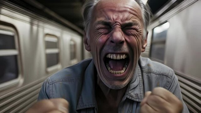 Intense close-up of man screaming in subway, urban stress concept, for dramatic film projects and emotional outburst footage.